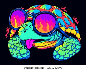 a turtle creature with hip sunglasses and an eccentric shell pattern