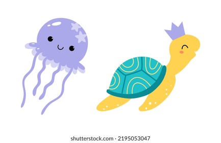 Turtle with Crown and Jellyfish as Sea Animal Floating Underwater Vector Illustration Set