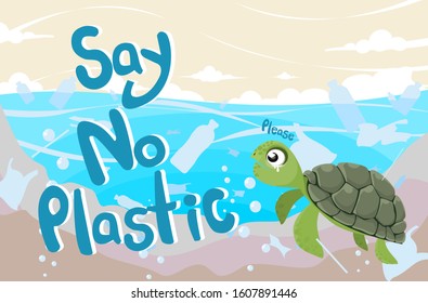 the turtle crying in the sea have a lot of a plastic bag and bottle with word”say no plastic”