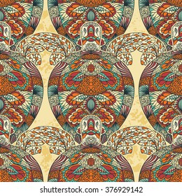 Turtle decorated with floral ornaments. Vintage colorful seamless pattern. Hand drawn vector illustration