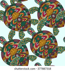 Turtle decorated with floral ornaments. Vintage colorful seamless pattern. Hand drawn vector illustration