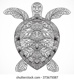 Turtle decorated with oriental ornaments. Vintage black and white hand drawn vector illustration
