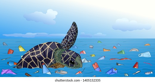 The turtle dies in the ocean from plastic pollution. Garbage and plastic waste in the sea. Concept of environmental protection from human activity.