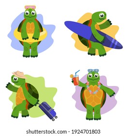 Turtle in different poses. Anthropomorphic animal in cartoon style.