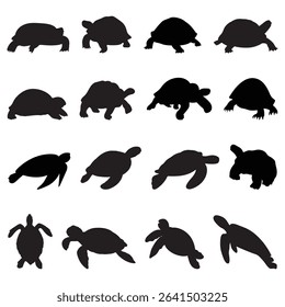 Turtle in different poses silhouette set vector. silhouettes of animals 