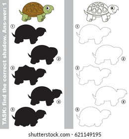 Turtle with different shadows to find the correct one, compare and connect object with it true shadow, the educational kid game with simple gaming level.