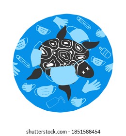Turtle in a dirty ocean. Plastic pollution of the ocean. Coronavirus plastic waste pollution. Vector flat illustration for World Environment Day. Sea garbage - face masks, latex gloves, plastic bottle