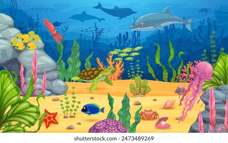 Turtle, dolphin and sea animals between algae seaweeds, underwater game landscape. Vector mesmerizing coral reefs and vibrant marine life, gui 2d level, interface background to explore ocean depths