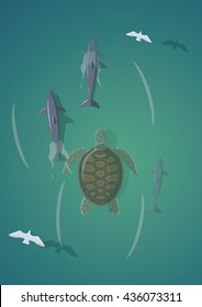 Turtle and dolphins.Top view vector illustration.