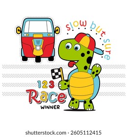 turtle with drag race racing car, Nature Animal Cartoon, isolated Flat Vector Illustration
