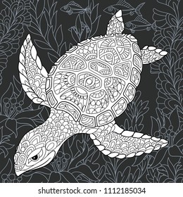 Turtle drawn in line art style. Ocean background in black and white colors on chalkboard. Coloring book. Coloring page. Zentangle vector illustration.