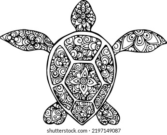 Turtle drawn in vector. Mandala. Artistic drawing of a turtle in the style of a mandala. India. Indian culture. Sea creatures. Tattoo. Turtle mandala. Logo. svg