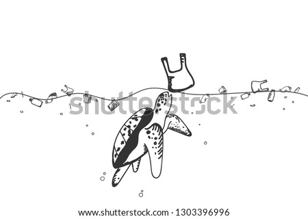 The turtle is eating plastic bags that are mistaken for jellyfish. Cartoon concept. Doodle style. Beach trash that affects animals. Plastic pollution in ocean environmental problems. 