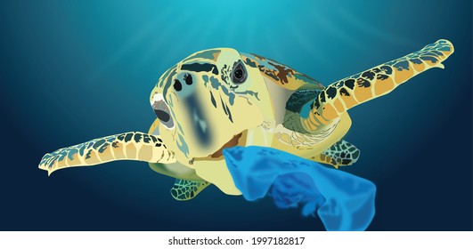 A turtle is eating plastic in the ocean. Plastic waste in the sea
