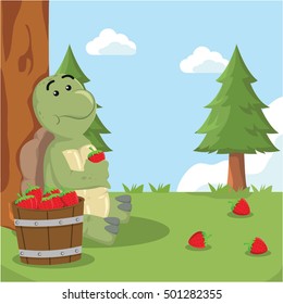 turtle eating strawberry vector illustration design