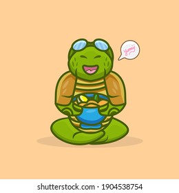 Turtle eating Vector Icon Illustration. Rice, Vegetable and egg use bowl. Flat Cartoon Style Suitable for Web Landing Pages, Banners, Stickers, Backgrounds.
