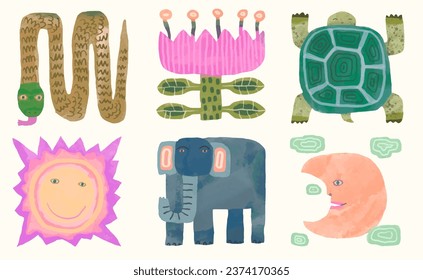 Turtle, elephant, snake, moon and flower. Animal and nature watercolor vector illustration. 