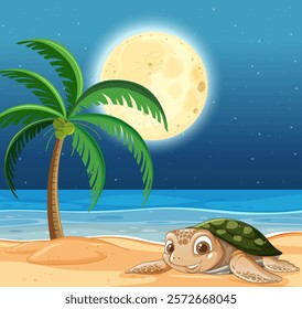 A turtle enjoys a moonlit beach scene