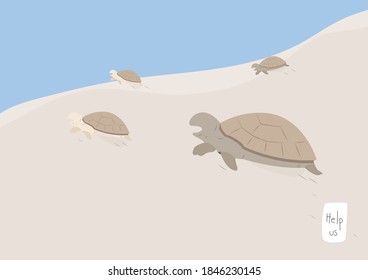 turtle family cartoon go back from sand to ocean vectors, global warming campaign