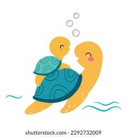 Familia de tortugas. Tortuga de mamá linda con su bebé caricatura ilustración vectorial