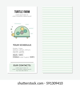 Turtle farm vector vertical banner template. The tour announcement. For travel agency products, tour brochure, excursion banner. Simple mono linear modern design.