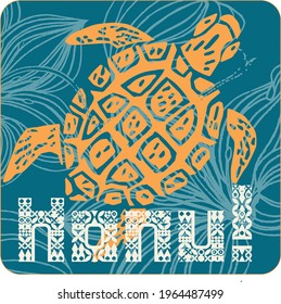 Turtle .Fashion kids print with 
Turtle and  With Hanu text slogan.  Vector hand draw illustration.
