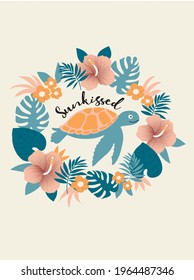 Turtle. Fashion kids print with 
Turtle and  With text slogan.  Vector hand draw illustration.