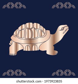 Turtle. Feng shui postcard. The symbol of Chinese culture. Gold silhouette on a blue background.