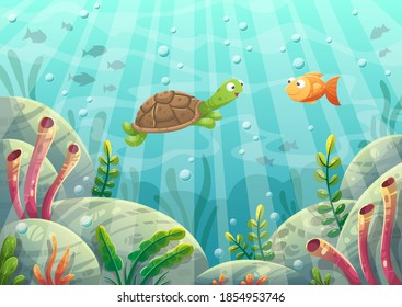 Schildkröte und Fisch im Wasser. Handgezeichnete Vektorgrafik mit separaten Schichten.