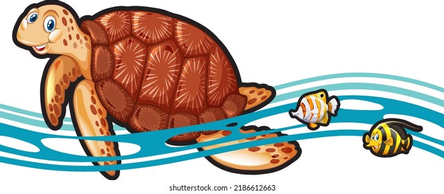 Turtle and fish in cartoon style illustration