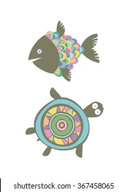 Turtle. Fish. Icons. Vector illustration.