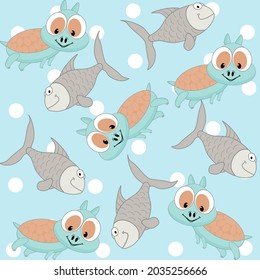 Turtle and fish on a white polka dot background in pattern and background, vector.