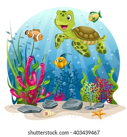 Turtle and fish in the sea