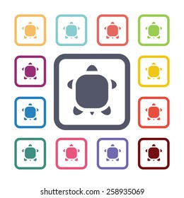 turtle flat icons set. Open round colorful buttons. Vector 