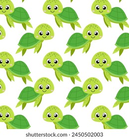 Turtle in flat style. Pattern with cute sea ​​turtle. Undersea world. Seamless pattern for textile, wrapping paper, background.