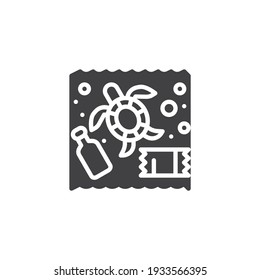 Turtle floating with plastic trash vector icon. filled flat sign for mobile concept and web design. Ocean pollution glyph icon. Symbol, logo illustration. Vector graphics