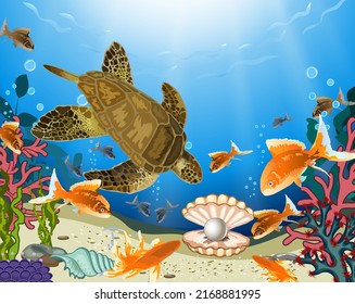 Turtle and a flock of fish in the water.Shell with a pearl, a sea turtle and a flock of fish in color vector illustration.