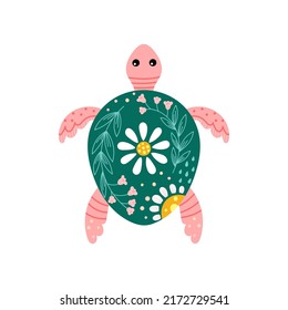 Turtle with floral pattern in pink and turquoise color isolated on white background. Vector Illustration. Cartoon illustration for kids clothes, greeting card or poster. 