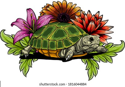 turtle with flower designs vector illustration art