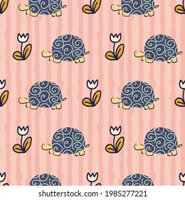 Tortuga Flor Vertical Stripes Seamless Pattern. Ilustración vectorial. Ideal para fiestas, moda, decoración, diseño textil, fondo, ilustración, moqueta, baldosas y alfombra.