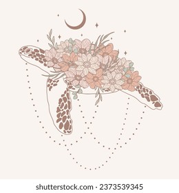 Turtle with flowers and abstract background, vector art