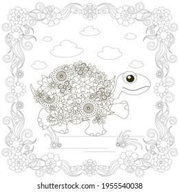 Turtle in flowers frame for coloring page, design element antistress monochrome stock vector illustration for web, for print