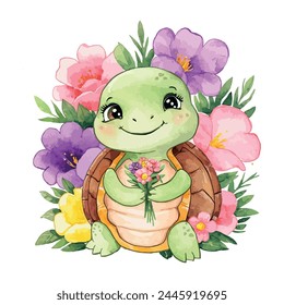 Turtle With Flowers Illustration Watercolor Sublimation Clip art