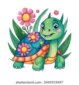 Turtle With Flowers Illustration Watercolor Sublimation Clip art