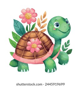 Turtle With Flowers Illustration Watercolor Sublimation Clip art