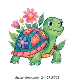 Turtle With Flowers Illustration Watercolor Sublimation Clip art