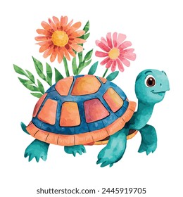 Turtle With Flowers Illustration Watercolor Sublimation Clip art