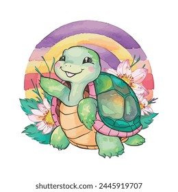 Turtle With Flowers Illustration Watercolor Sublimation Clip art