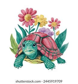 Turtle With Flowers Illustration Watercolor Sublimation Clip art