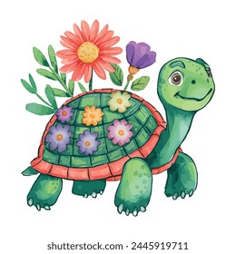 Turtle With Flowers Illustration Watercolor Sublimation Clip art